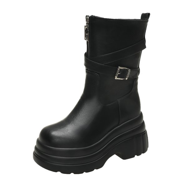 Women's Black Thick-Soled Martin Boots, British Style Motorcycle Short Boots, 9cm Height-Increasing for Autumn 2024