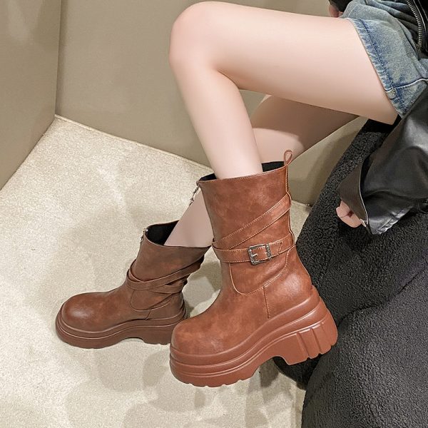 Women's Black Thick-Soled Martin Boots, British Style Motorcycle Short Boots, 9cm Height-Increasing for Autumn 2024