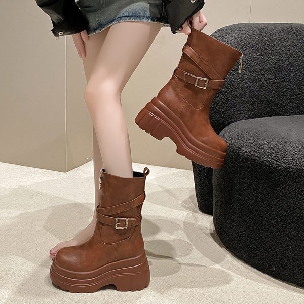 Women's Black Thick-Soled Martin Boots, British Style Motorcycle Short Boots, 9cm Height-Increasing for Autumn 2024