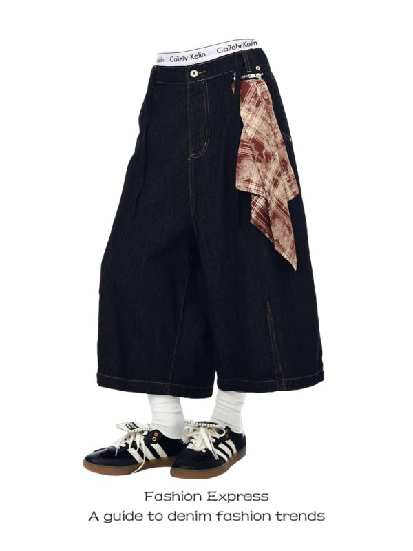 Women's Black Three-Quarter Wide-Leg Denim Shorts with Detachable Square Scarf - 90s American Retro Summer Style