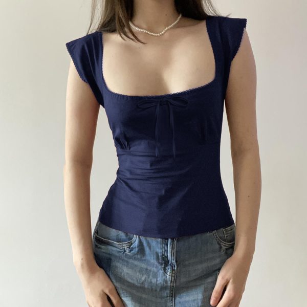 Women's Butterfly Tie Solid White T-Shirt with Small Flying Sleeves & Low Square Neck - Floral Season Rose Summer Style