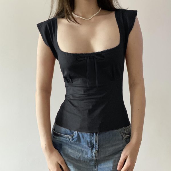 Women's Butterfly Tie Solid White T-Shirt with Small Flying Sleeves & Low Square Neck - Floral Season Rose Summer Style