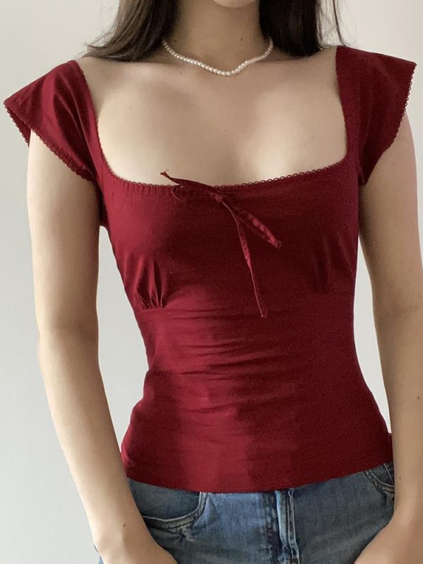 Women's Butterfly Tie Solid White T-Shirt with Small Flying Sleeves & Low Square Neck - Floral Season Rose Summer Style