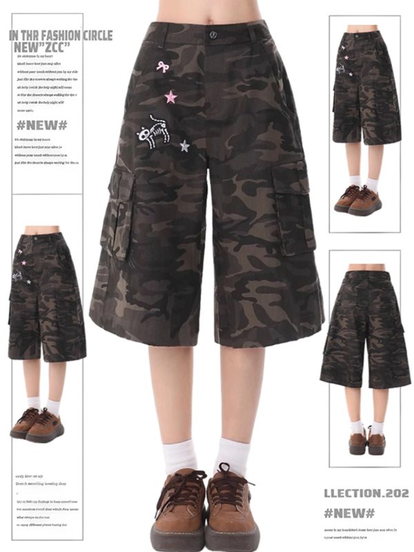 Women's Camouflage Multi-Pocket Five-Point Shorts - Retro American Style, Loose Fit, Casual Summer Fashion 2025