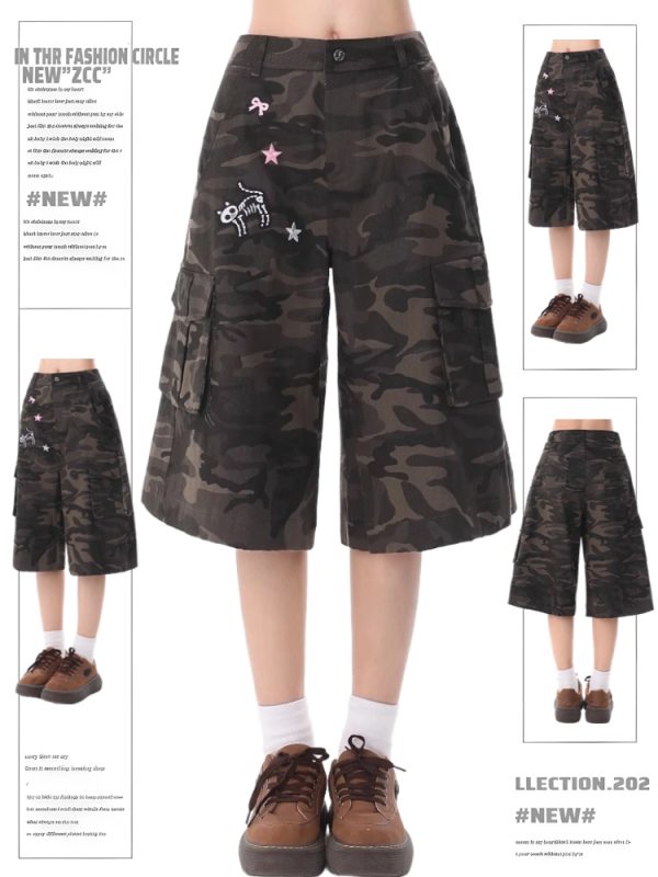 Women's Camouflage Multi-Pocket Five-Point Shorts - Retro American Style, Loose Fit, Casual Summer Fashion 2025