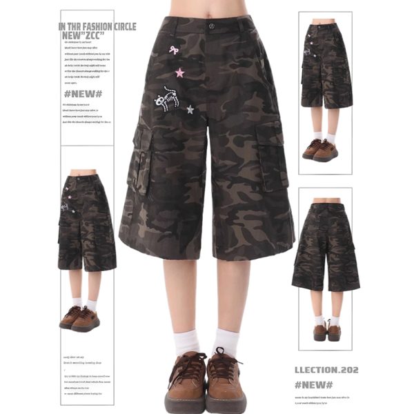 Women's Camouflage Multi-Pocket Five-Point Shorts - Retro American Style, Loose Fit, Casual Summer Fashion 2025