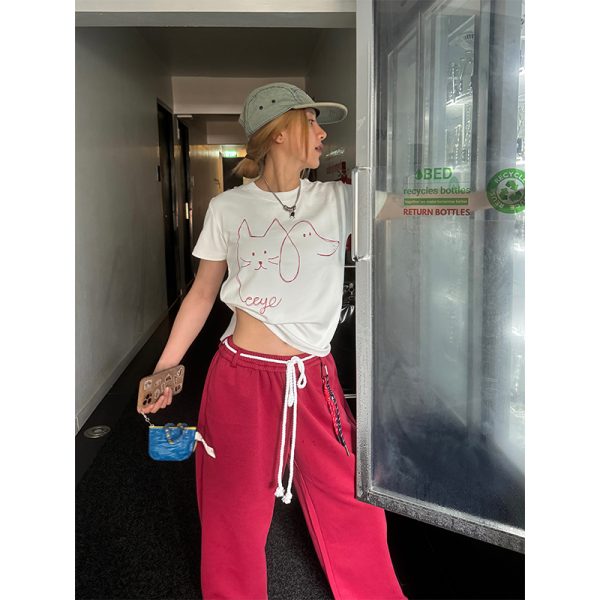 Women's Casual Short Sleeve T-Shirt with Round Neck, Simple Line Drawing, New Summer Style, Trendy 90s Fashion