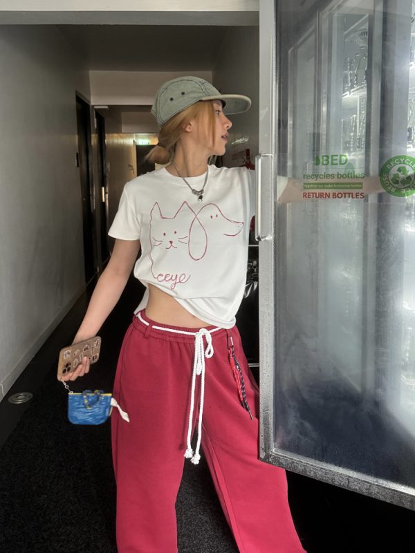 Women's Casual Short Sleeve T-Shirt with Round Neck, Simple Line Drawing, New Summer Style, Trendy 90s Fashion