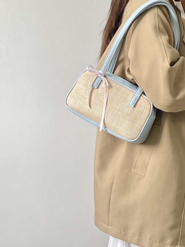 Women's Color Block Spliced Straw Beach Bag - Korean INS Style Handheld Underarm Bag for Vacation & Summer Outings
