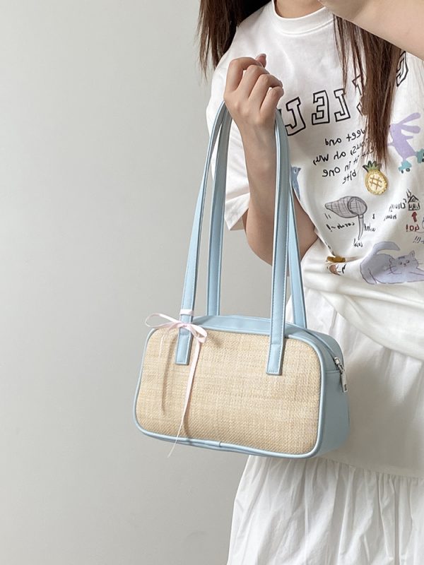 Women's Color Block Spliced Straw Beach Bag - Korean INS Style Handheld Underarm Bag for Vacation & Summer Outings
