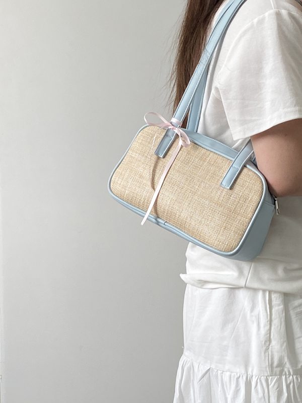 Women's Color Block Spliced Straw Beach Bag - Korean INS Style Handheld Underarm Bag for Vacation & Summer Outings