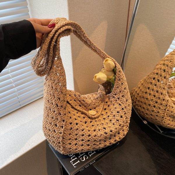 Women's Cotton Yarn Woven Beach Tote Bag - Summer 2025 Hollow Crossbody for Vacation & Commuter Style
