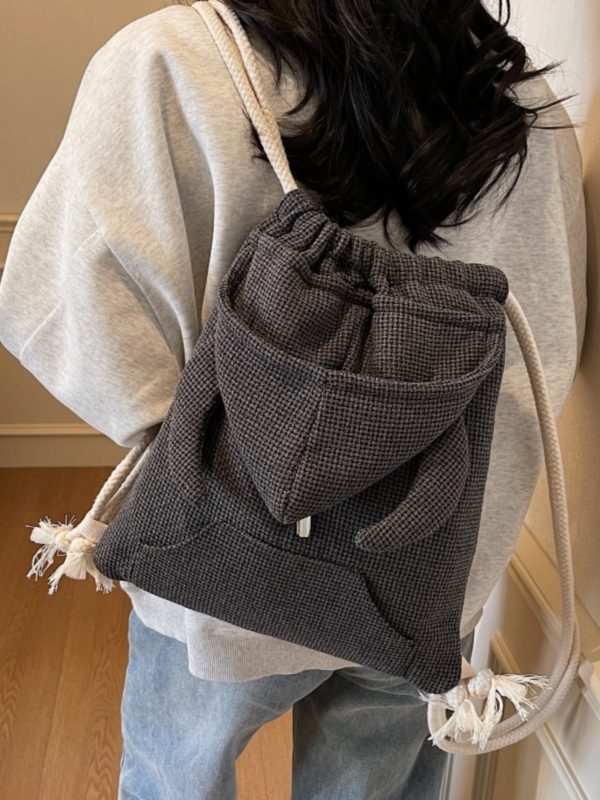 Women's Drawstring Bucket Hat Hoodie with Double Shoulder Bag - Versatile Small Backpack for Travel and Commuting