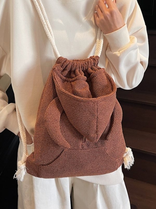 Women's Drawstring Bucket Hat Hoodie with Double Shoulder Bag - Versatile Small Backpack for Travel and Commuting