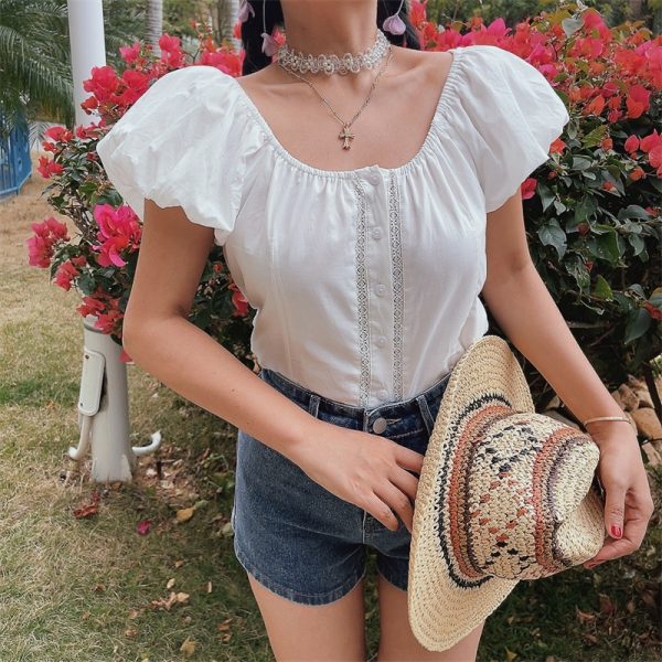 Women's Elegant Lantern Sleeve Embroidered Lace Short-Sleeve Shirt for Spring & Summer - Chic Vacation Top