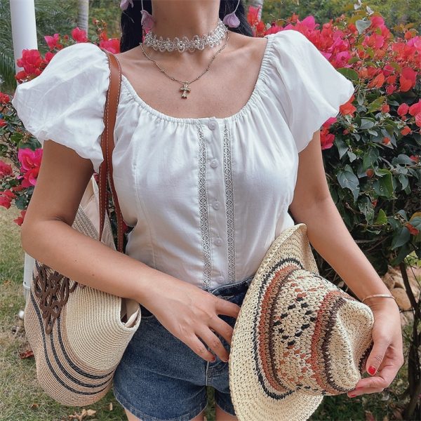 Women's Elegant Lantern Sleeve Embroidered Lace Short-Sleeve Shirt for Spring & Summer - Chic Vacation Top