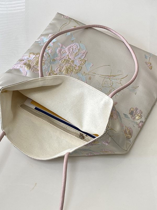Women's Embroidered Canvas Tote Bag - Chinese Style National Wind Design, Shoulder Handbag for 2025 Fashion Trends