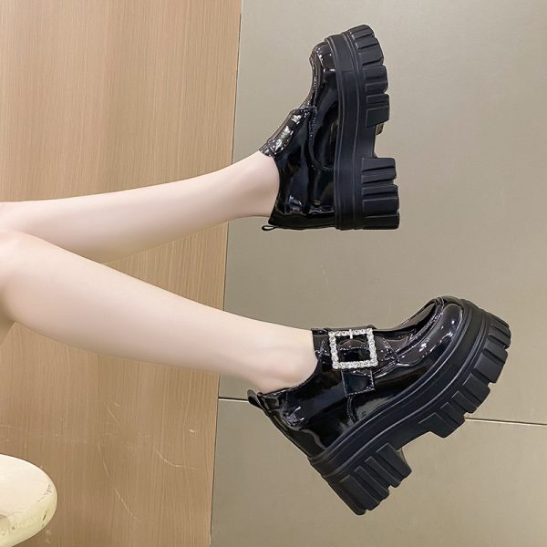 Women's English-Style Patent Leather Loafers 2024 Spring Thick-Soled Shoes for Petite Women with Height Increase