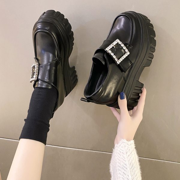 Women's English-Style Patent Leather Loafers 2024 Spring Thick-Soled Shoes for Petite Women with Height Increase