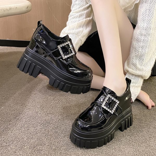 Women's English-Style Patent Leather Loafers 2024 Spring Thick-Soled Shoes for Petite Women with Height Increase