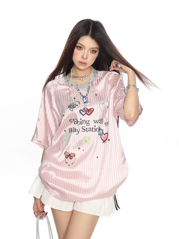 Womenâ€™s Graffiti Striped Short Sleeve T-Shirt - Summer Cool Sports Style, Unique Loose Fit for Y2K and 90s Inspired Looks