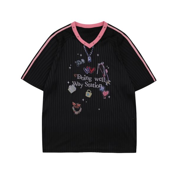 Womenâ€™s Graffiti Striped Short Sleeve T-Shirt - Summer Cool Sports Style, Unique Loose Fit for Y2K and 90s Inspired Looks