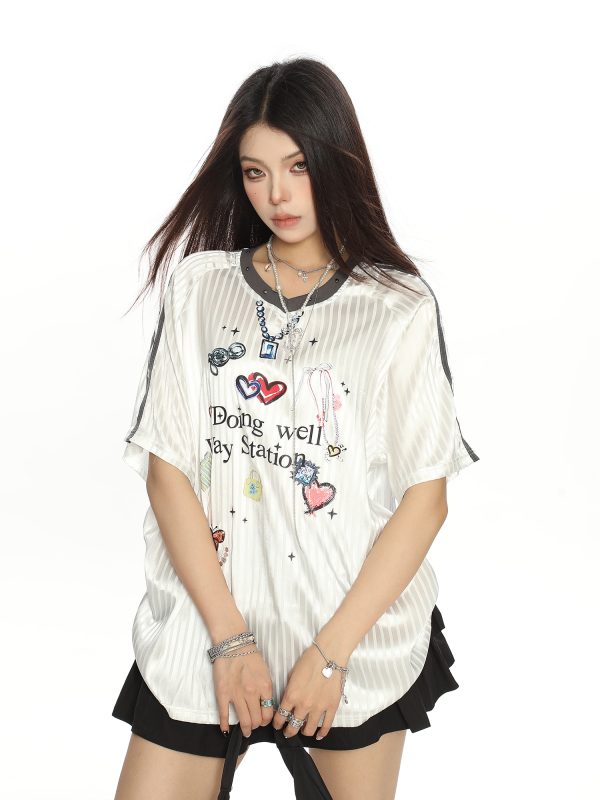 Womenâ€™s Graffiti Striped Short Sleeve T-Shirt - Summer Cool Sports Style, Unique Loose Fit for Y2K and 90s Inspired Looks