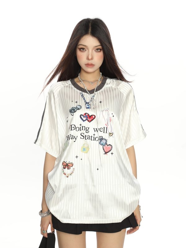 Womenâ€™s Graffiti Striped Short Sleeve T-Shirt - Summer Cool Sports Style, Unique Loose Fit for Y2K and 90s Inspired Looks