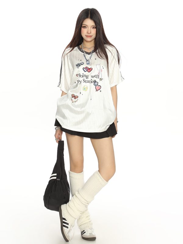 Womenâ€™s Graffiti Striped Short Sleeve T-Shirt - Summer Cool Sports Style, Unique Loose Fit for Y2K and 90s Inspired Looks