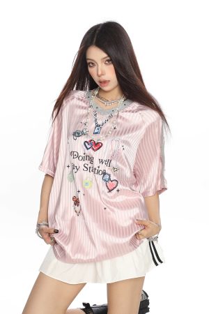 Womenâ€™s Graffiti Striped Short Sleeve T-Shirt - Summer Cool Sports Style, Unique Loose Fit for Y2K and 90s Inspired Looks