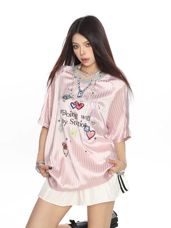 Womenâ€™s Graffiti Striped Short Sleeve T-Shirt - Summer Cool Sports Style, Unique Loose Fit for Y2K and 90s Inspired Looks
