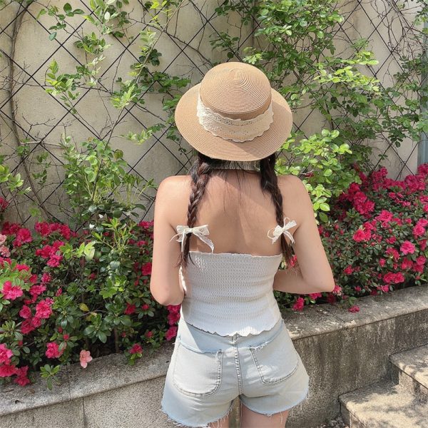 Women's Handmade V-Neck Ruffled Waist-Tie Backless White Tank Top - Perfect for Vacation, Australian Niche Style