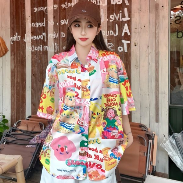 Women's Hawaiian Floral Short Sleeve Shirt - Fun Cartoon Print, Casual Beach Loose Top for Summer Style