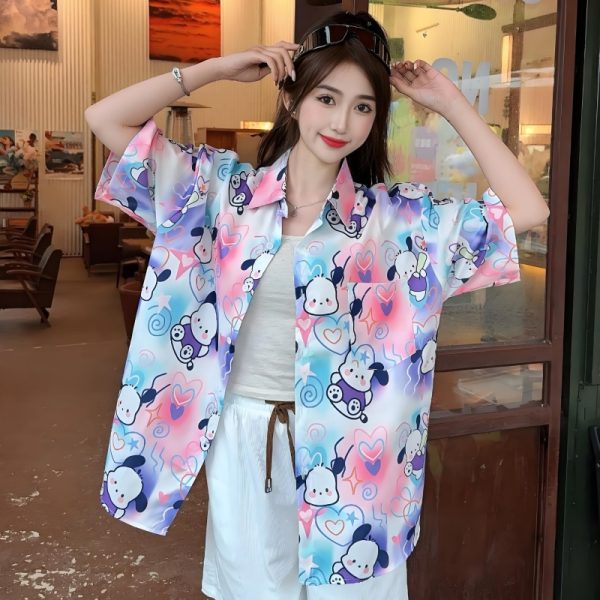 Women's Hawaiian Floral Short Sleeve Shirt - Fun Cartoon Print, Casual Beach Loose Top for Summer Style