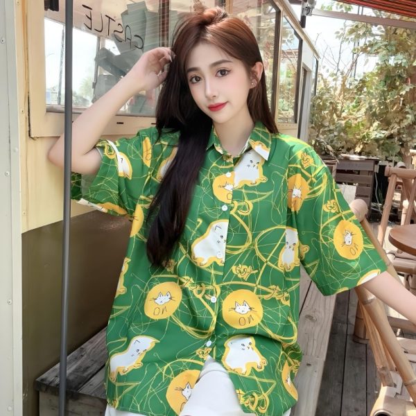 Women's Hawaiian Floral Short Sleeve Shirt - Fun Cartoon Print, Casual Beach Loose Top for Summer Style
