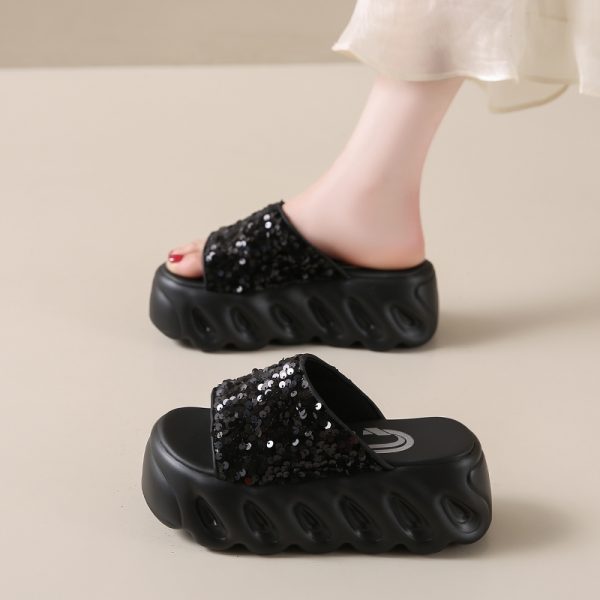 Women's Height-Increasing Sequined Flat Sandals, Summer Outdoor Slide Sandals, Soft Thick-Soled Beach Footwear 2025