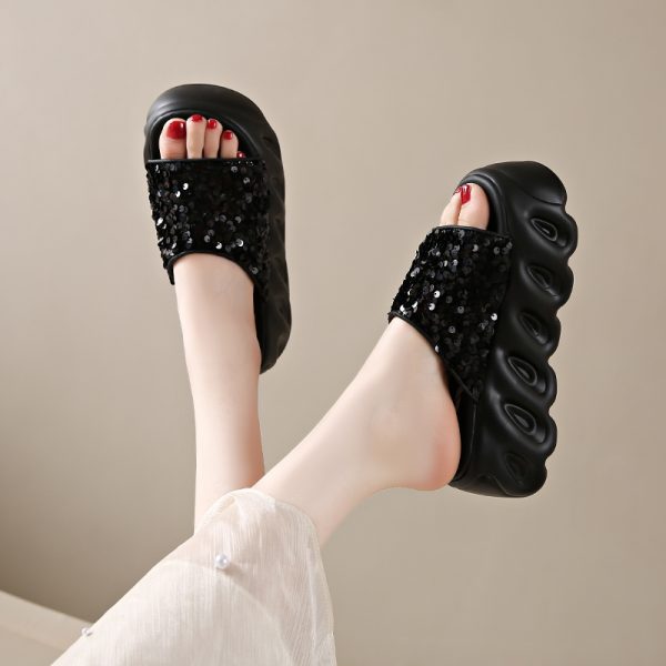 Women's Height-Increasing Sequined Flat Sandals, Summer Outdoor Slide Sandals, Soft Thick-Soled Beach Footwear 2025