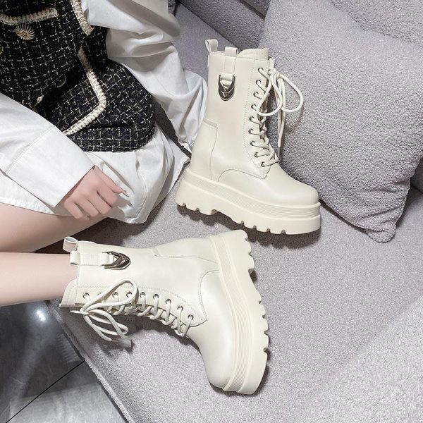Women's High-Top Martin Boots - Thick-Soled British Style Mid-Calf Ankle Boots for Short Stature, Trendy Spring Autumn Footwear