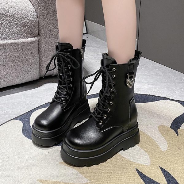 Women's High-Top Martin Boots - Thick-Soled British Style Mid-Calf Ankle Boots for Short Stature, Trendy Spring Autumn Footwear