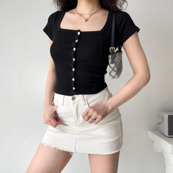 Women's High Waist Ribbed T-Shirt - Short Sleeve Square Neck Top, Go Girl Go Style, Perfect for Casual 90s Fashion