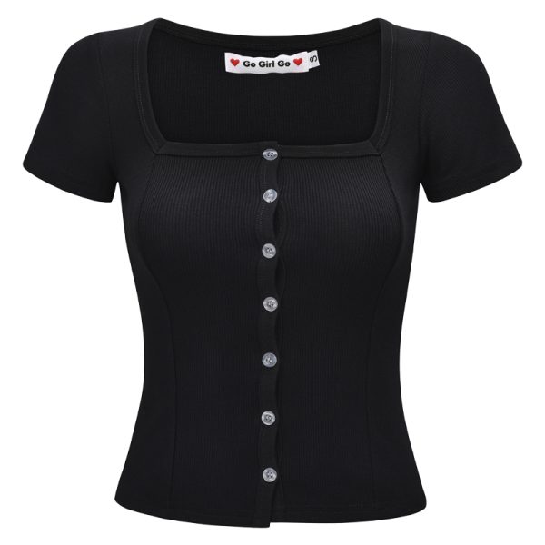 Women's High Waist Ribbed T-Shirt - Short Sleeve Square Neck Top, Go Girl Go Style, Perfect for Casual 90s Fashion