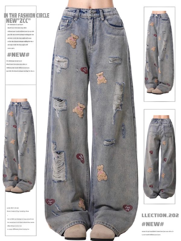 Women's High-Waisted Ripped Jeans with Bear Embroidery - Trendy Wide-Leg Pants for Spring and Autumn 2025, American High Street Style