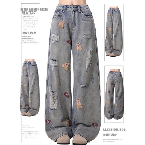 Women's High-Waisted Ripped Jeans with Bear Embroidery - Trendy Wide-Leg Pants for Spring and Autumn 2025, American High Street Style