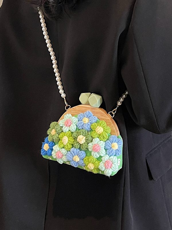 Women's Knitted Flower Pearl Chain Crossbody Shell Bag - Trendy 2025 Fashion Accessory, Perfect for Y2K and Casual Styles