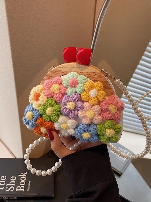 Women's Knitted Flower Pearl Chain Crossbody Shell Bag - Trendy 2025 Fashion Accessory, Perfect for Y2K and Casual Styles