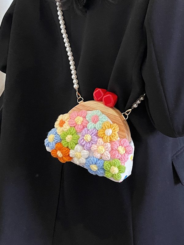 Women's Knitted Flower Pearl Chain Crossbody Shell Bag - Trendy 2025 Fashion Accessory, Perfect for Y2K and Casual Styles