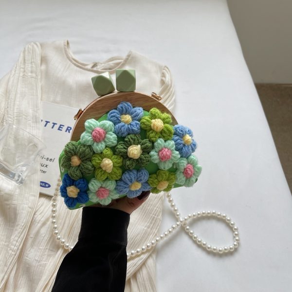 Women's Knitted Flower Pearl Chain Crossbody Shell Bag - Trendy 2025 Fashion Accessory, Perfect for Y2K and Casual Styles