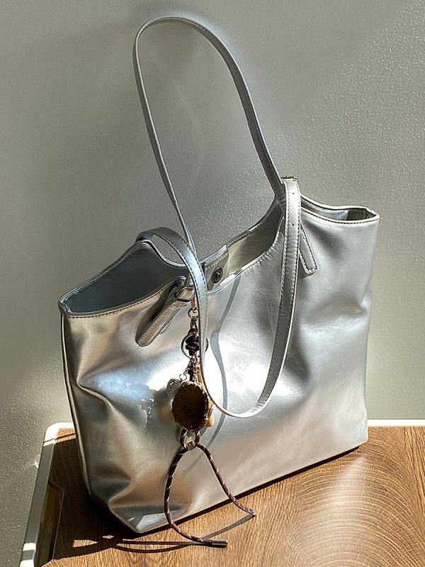 Women's Korean Style Silver Tote Bag - Trendy Large Capacity Commuter Shoulder Handbag for 2025