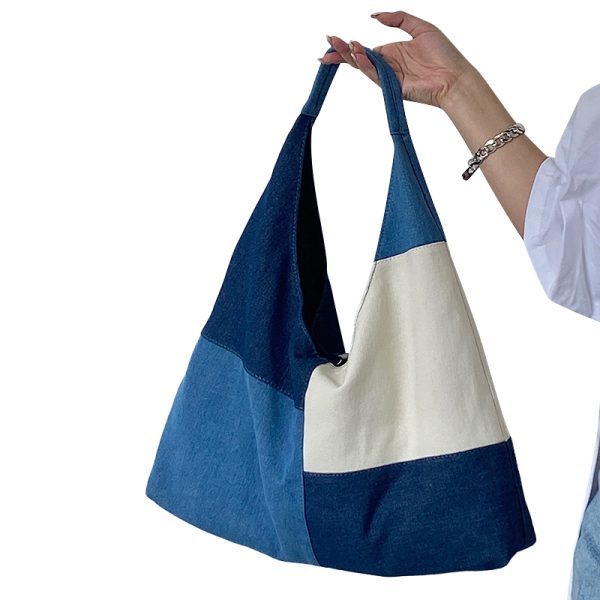 Women's Large Patchwork Color-Blocking Denim Tote Handbag - Spring Summer 2025 Shoulder Bag in Trendy Niche Design