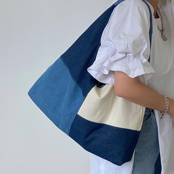 Women's Large Patchwork Color-Blocking Denim Tote Handbag - Spring Summer 2025 Shoulder Bag in Trendy Niche Design